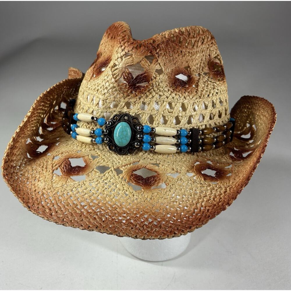 Fluffy Sense Straw Cowboy Hat Women Western Boho Turquoise Beaded Festival NWT